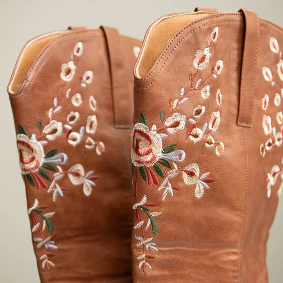 Floral Embroidered Western Cowgirl Boots Pointed Toe Festival Cute Country Boho - Picture 2 of 5